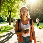 **A person smiling while walking in a park with family, surrounded by greenery, having put their phone away. Sunlight filters through the trees, highlighting the joy of being present in nature.**