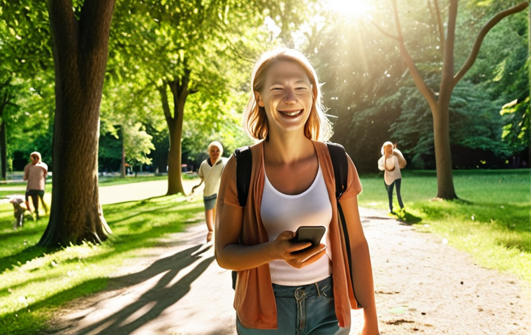 **A person smiling while walking in a park with family, surrounded by greenery, having put their phone away. Sunlight filters through the trees, highlighting the joy of being present in nature.**