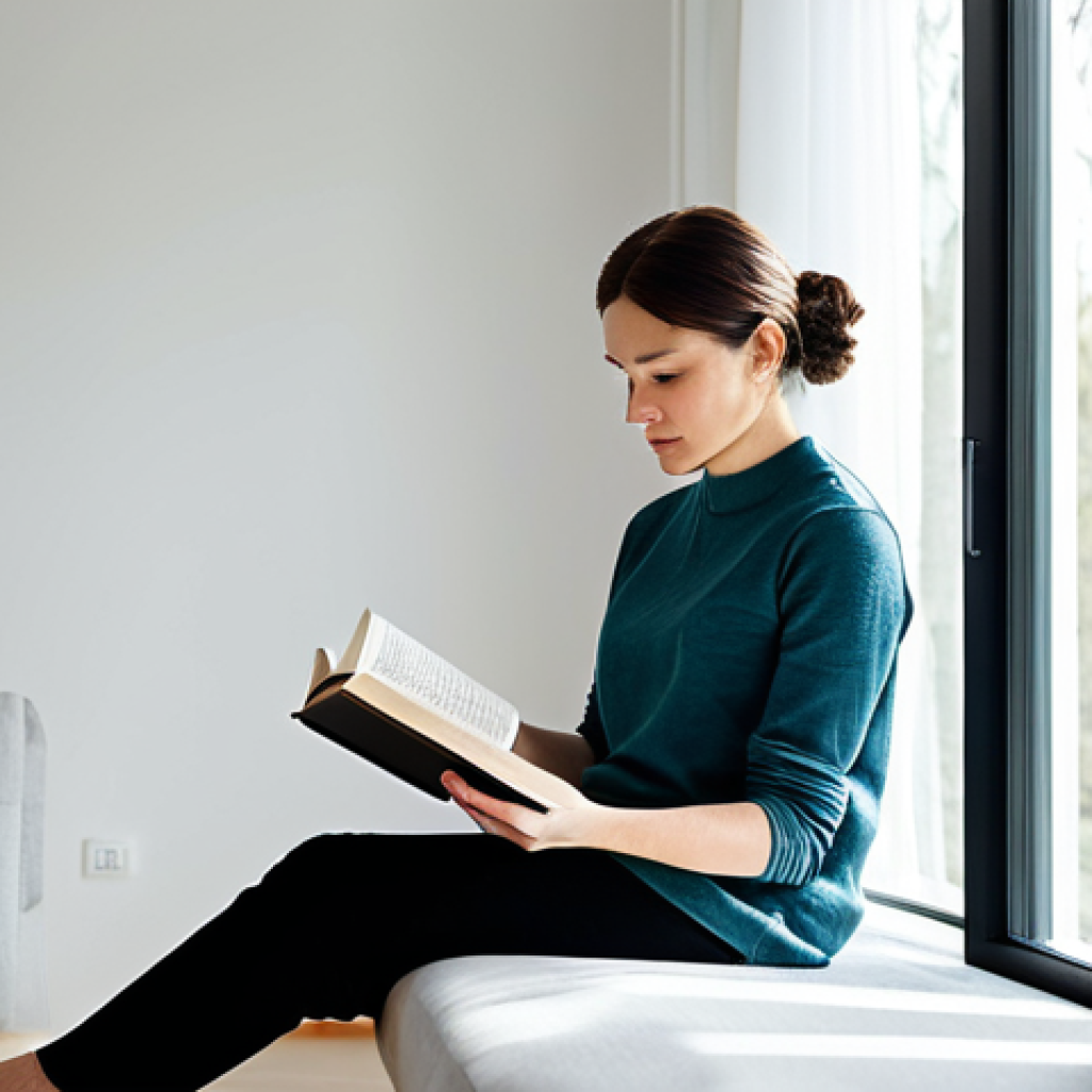 A professional adult with a serene and focused expression, sitting comfortably in a sunlit, minimalist living space. They are fully clothed in modest, appropriate attire and are deeply engrossed in reading a physical book, with no digital devices visible. The background is clean and uncluttered, featuring soft, natural light filtering through a large window, conveying an atmosphere of tranquility and mindful engagement. safe for work, appropriate content, fully clothed, professional, family-friendly, perfect anatomy, correct proportions, natural pose, well-formed hands, proper finger count, natural body proportions, professional photography, high quality.
