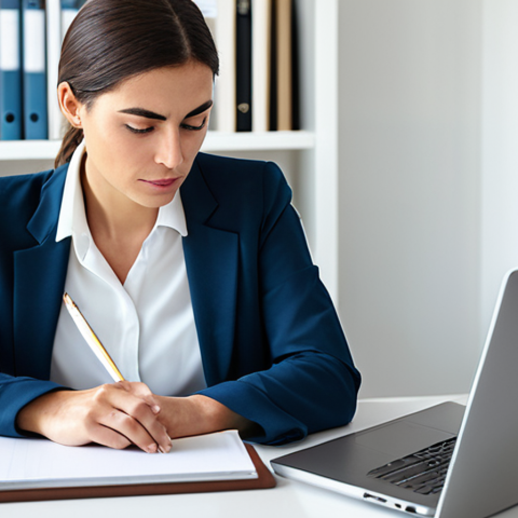 A professional woman, fully clothed in a modest, contemporary business attire, sits at a clean, minimalist desk in a bright, modern home office. Her laptop is open, but her gaze is directed outwards, indicating a moment of deep concentration or contemplation. Her smartphone is placed out of reach, perhaps in a closed drawer or on a far shelf, symbolizing a deliberate "digital quiet zone." The background is serene, with natural light filtering in, conveying a sense of peace and clarity. The atmosphere is calm and conducive to focused work. Perfect anatomy, correct proportions, natural pose, well-formed hands, proper finger count. Professional photography, high resolution, soft ambient lighting, highly detailed, safe for work, appropriate content, fully clothed, professional.