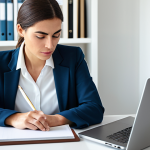 A professional woman, fully clothed in a modest, contemporary business attire, sits at a clean, minimalist desk in a bright, modern home office. Her laptop is open, but her gaze is directed outwards, indicating a moment of deep concentration or contemplation. Her smartphone is placed out of reach, perhaps in a closed drawer or on a far shelf, symbolizing a deliberate "digital quiet zone." The background is serene, with natural light filtering in, conveying a sense of peace and clarity. The atmosphere is calm and conducive to focused work. Perfect anatomy, correct proportions, natural pose, well-formed hands, proper finger count. Professional photography, high resolution, soft ambient lighting, highly detailed, safe for work, appropriate content, fully clothed, professional.