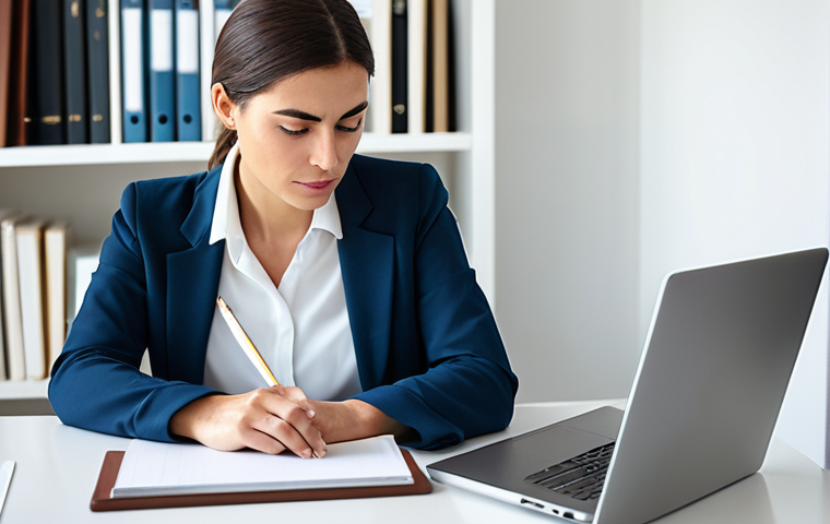 A professional woman, fully clothed in a modest, contemporary business attire, sits at a clean, minimalist desk in a bright, modern home office. Her laptop is open, but her gaze is directed outwards, indicating a moment of deep concentration or contemplation. Her smartphone is placed out of reach, perhaps in a closed drawer or on a far shelf, symbolizing a deliberate "digital quiet zone." The background is serene, with natural light filtering in, conveying a sense of peace and clarity. The atmosphere is calm and conducive to focused work. Perfect anatomy, correct proportions, natural pose, well-formed hands, proper finger count. Professional photography, high resolution, soft ambient lighting, highly detailed, safe for work, appropriate content, fully clothed, professional.