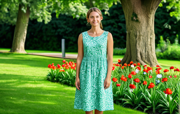 **

A woman in a modest sundress, standing in a lush, green park on a sunny day, fully clothed, appropriate attire, safe for work, perfect anatomy, natural proportions, professional photography, high quality. The background features trees and flowers, creating a peaceful and serene atmosphere. Family-friendly.

**