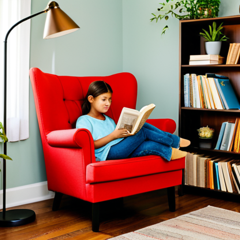 Peaceful Reading Nook**

"A cozy reading nook with a comfortable armchair, a floor lamp, and a small bookshelf filled with paper books, lots of indoor plants, creating a calm and relaxing atmosphere, warm color scheme, fully clothed person reading a book, appropriate attire, safe for work, perfect anatomy, natural proportions, family-friendly, professional photography, high quality."

**