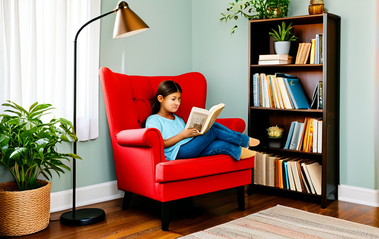 Peaceful Reading Nook**

"A cozy reading nook with a comfortable armchair, a floor lamp, and a small bookshelf filled with paper books, lots of indoor plants, creating a calm and relaxing atmosphere, warm color scheme, fully clothed person reading a book, appropriate attire, safe for work, perfect anatomy, natural proportions, family-friendly, professional photography, high quality."

**
