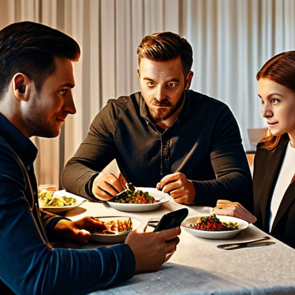 디지털디톡스와 디지털 네이티브의 문제 - Disconnected Family Dinner**
"A family of four seated around a dining table, all looking at their p...