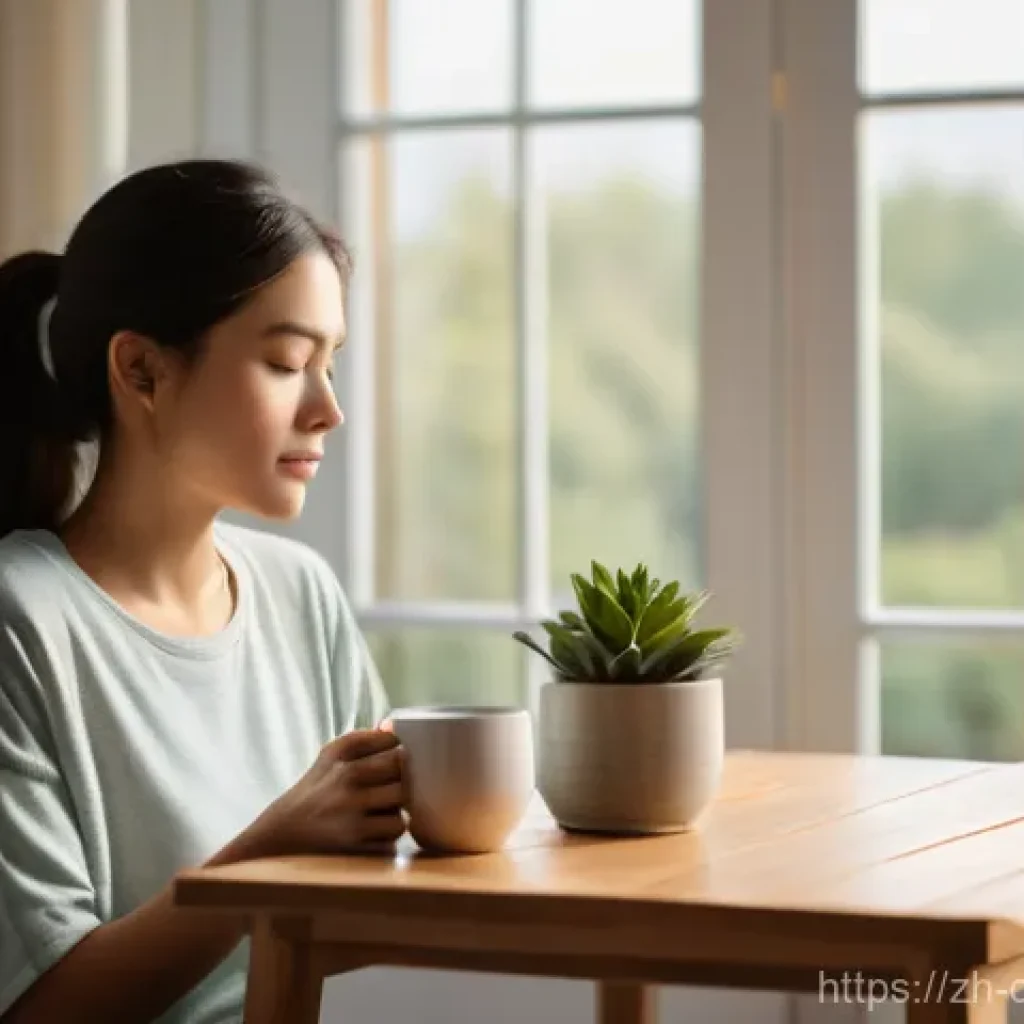 디지털디톡스와 기계 의존성 해소 - **Prompt 1: A Peaceful Morning, Disconnected**
A young woman in her late 20s, wearing soft, comf...