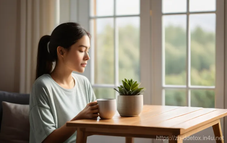디지털디톡스와 기계 의존성 해소 - **Prompt 1: A Peaceful Morning, Disconnected**
    A young woman in her late 20s, wearing soft, comf...