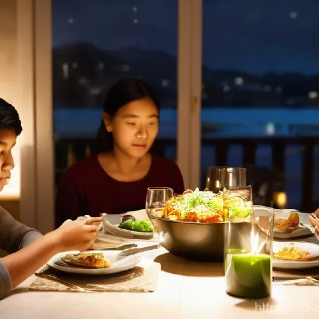 디지털디톡스와 스마트폰 정책 - **Prompt 1:** A diverse family of four (two parents, two children aged 10-16) gathered around a dinn...