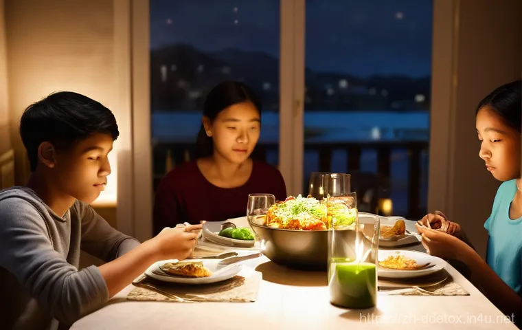 디지털디톡스와 스마트폰 정책 - **Prompt 1:** A diverse family of four (two parents, two children aged 10-16) gathered around a dinn...