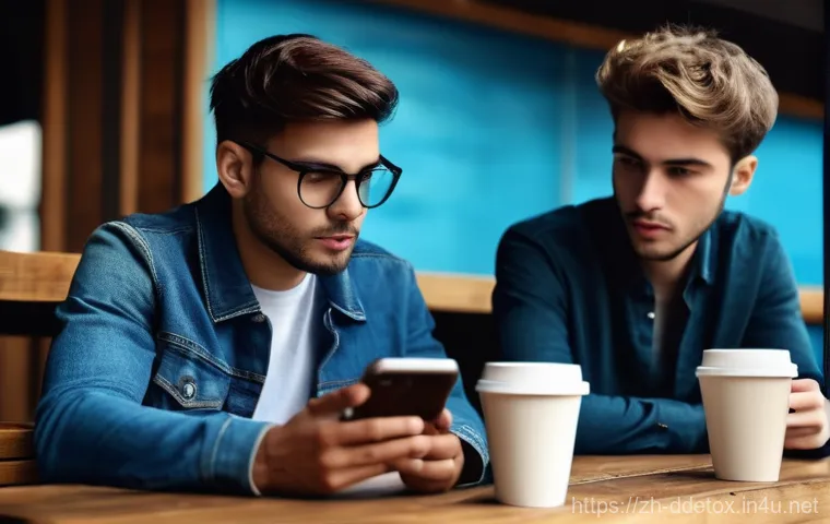 디지털디톡스와 개인적인 성장 - **Prompt:** A modern cafe scene depicting a group of three young adults, around 20-30 years old, sit...