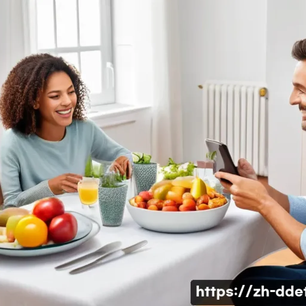 디지털디톡스와 가족 시간 늘리기 - A warm and inviting dinner scene in a modern, brightly lit home. A family of four &ndash; a mother, father...