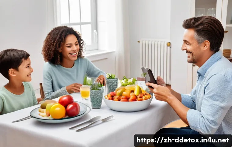 디지털디톡스와 가족 시간 늘리기 - A warm and inviting dinner scene in a modern, brightly lit home. A family of four &ndash; a mother, father...