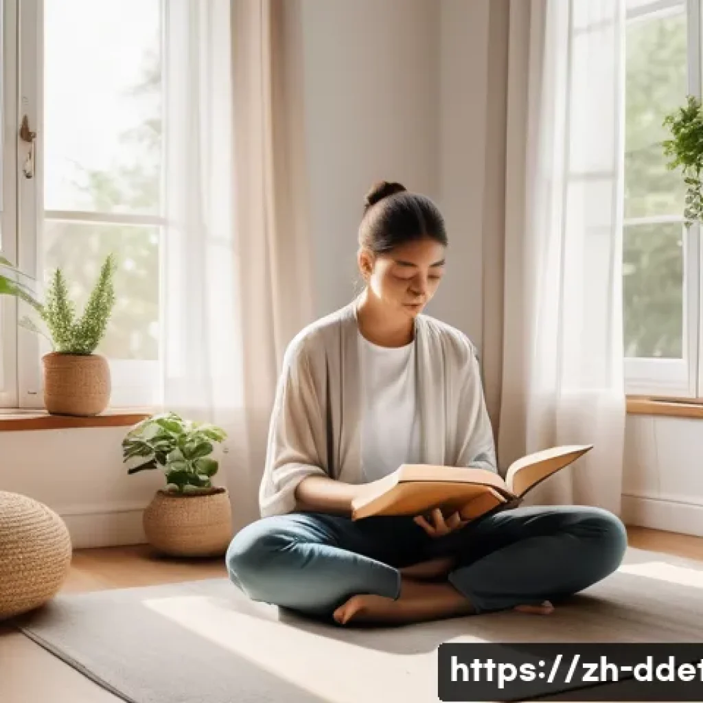 디지털디톡스와 정신적 안정 찾기 - A serene home study environment designed as a no-screen relaxation zone: a cozy wooden desk with a p...
