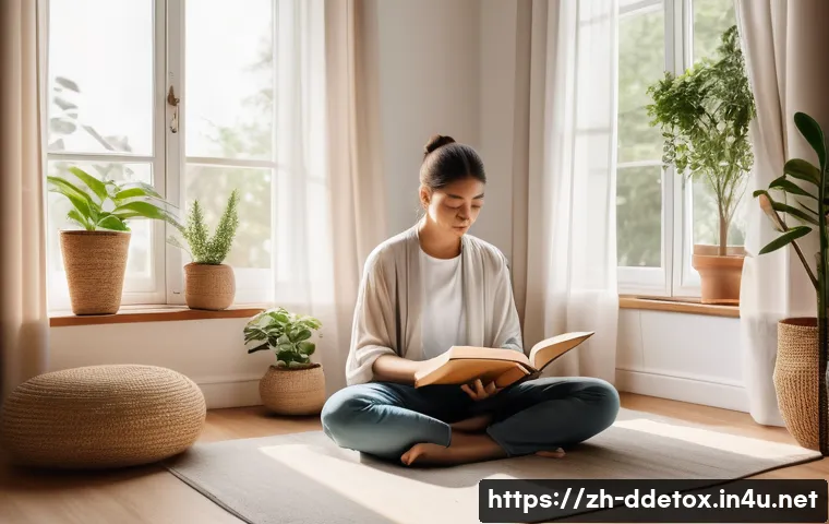 디지털디톡스와 정신적 안정 찾기 - A serene home study environment designed as a no-screen relaxation zone: a cozy wooden desk with a p...