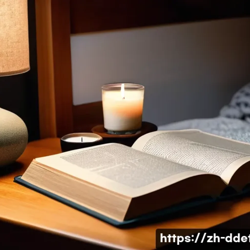디지털디톡스와 저녁 시간 활용 - A cozy nighttime bedroom scene featuring soft warm lighting from a bedside lamp and a lit scented ca...