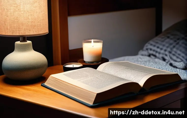 디지털디톡스와 저녁 시간 활용 - A cozy nighttime bedroom scene featuring soft warm lighting from a bedside lamp and a lit scented ca...