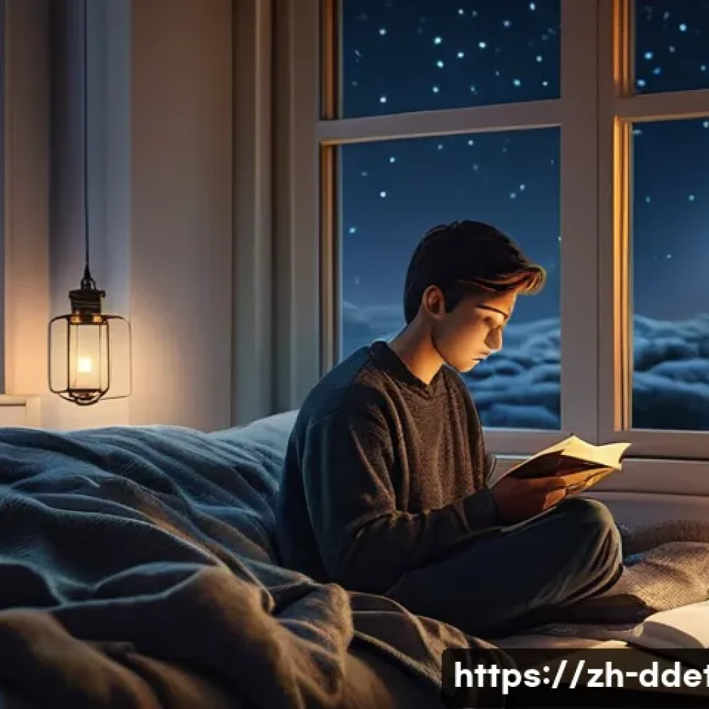 디지털디톡스와 수면의 질 - A serene bedroom scene at night with dim, warm lighting, showing a young adult sitting comfortably o...