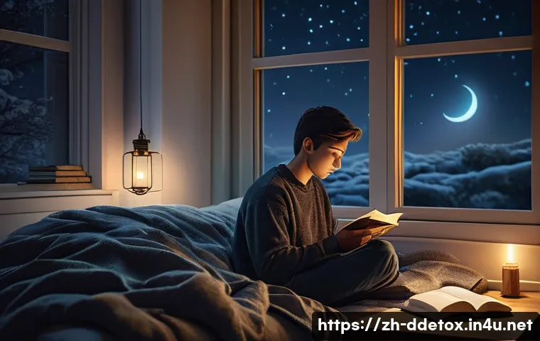 디지털디톡스와 수면의 질 - A serene bedroom scene at night with dim, warm lighting, showing a young adult sitting comfortably o...