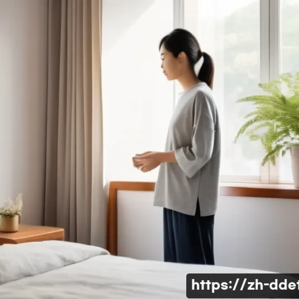 디지털디톡스 아침 루틴 - A serene early morning scene in a modern Chinese bedroom, soft sunlight streaming through a large wi...