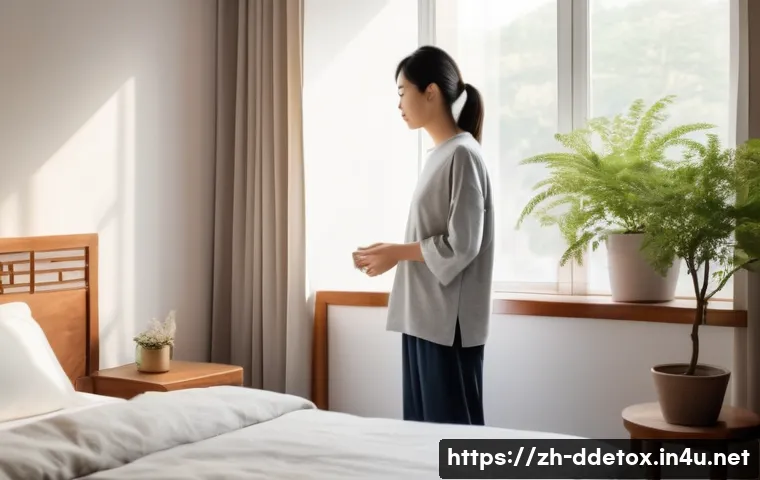 디지털디톡스 아침 루틴 - A serene early morning scene in a modern Chinese bedroom, soft sunlight streaming through a large wi...