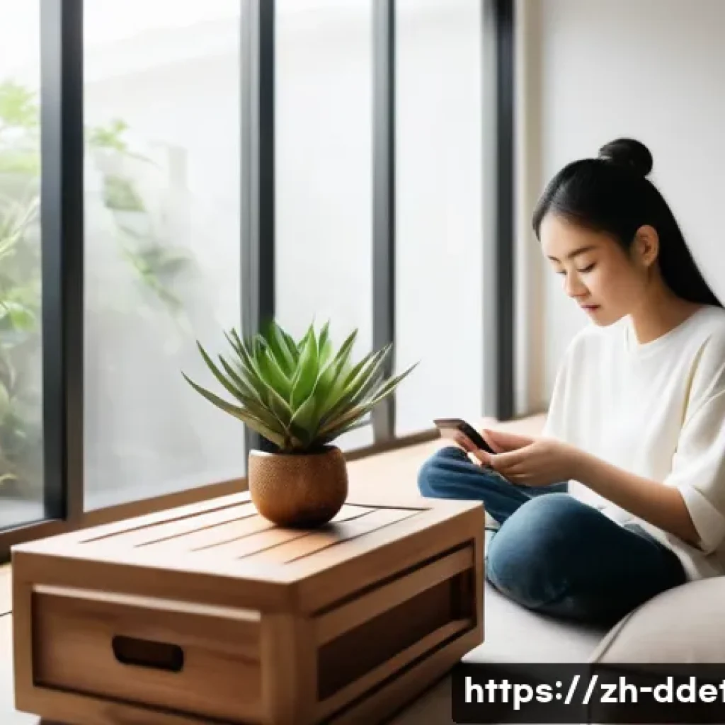 디지털디톡스와 소셜 미디어 거리두기 - A serene modern living room scene with a young adult sitting comfortably on a sofa, intentionally pu...