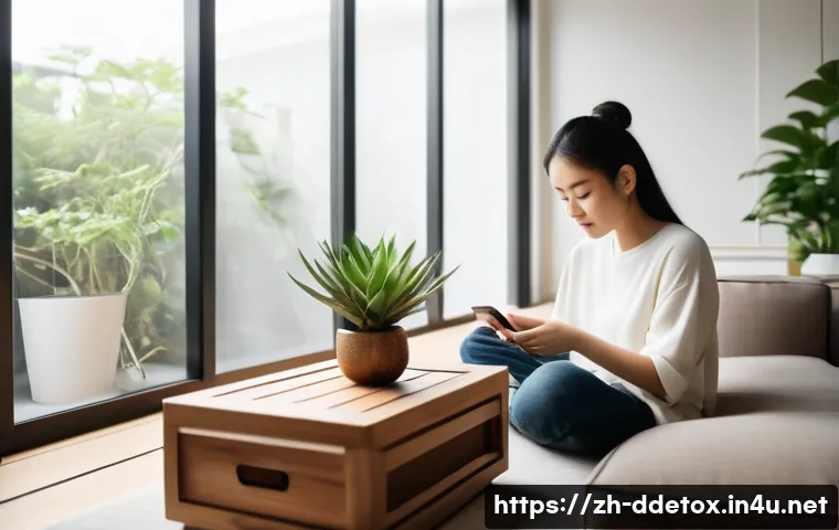 디지털디톡스와 소셜 미디어 거리두기 - A serene modern living room scene with a young adult sitting comfortably on a sofa, intentionally pu...