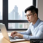 디지털디톡스 장점 - A modern Chinese urban home office scene with a young professional wearing comfortable casual clothe...