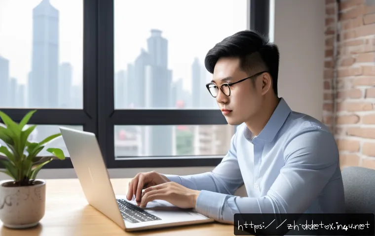디지털디톡스 장점 - A modern Chinese urban home office scene with a young professional wearing comfortable casual clothe...