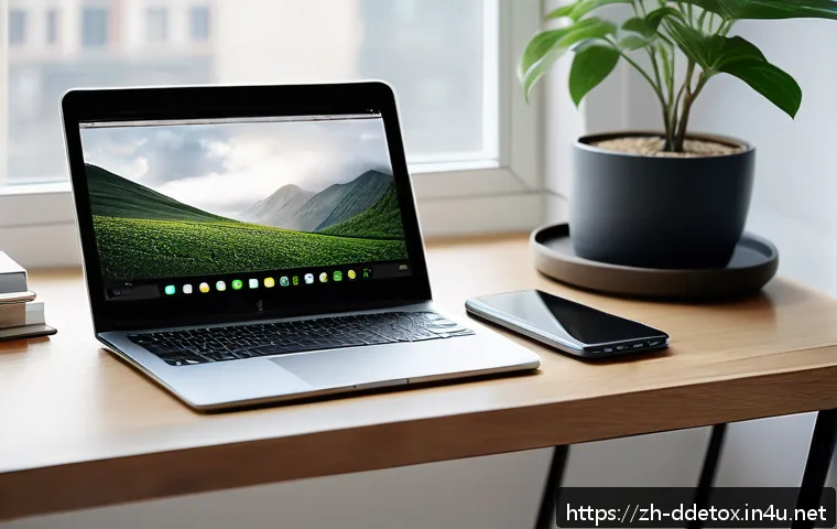 디지털디톡스와 삶의 질 향상 - A serene modern workspace featuring a minimalist desk with a laptop, smartphone in "focus mode," and...