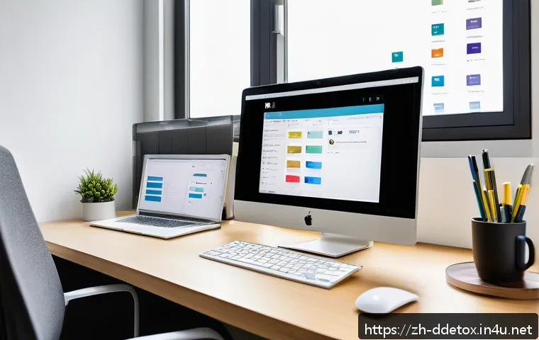디지털디톡스와 이메일 정리 - A modern office workspace featuring a sleek computer screen displaying an organized email inbox with...