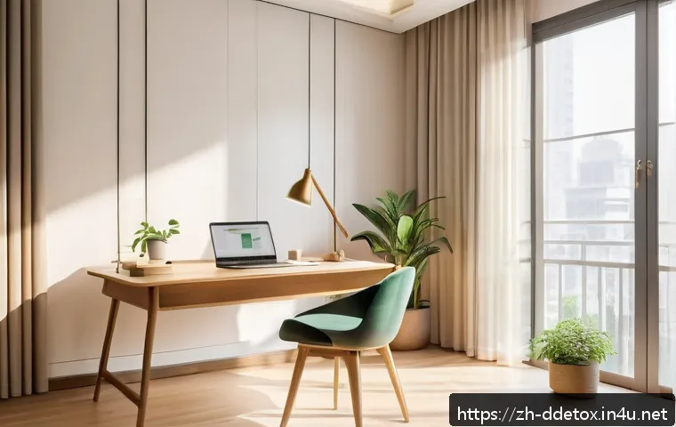 디지털디톡스와 온라인 강의 집중력 향상 - A modern, minimalist study room bathed in natural sunlight from a large window with sheer curtains g...