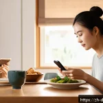 디지털디톡스와 행복 찾기 - A modern Chinese home dining room scene with a young adult female wearing casual clothes and modest ...