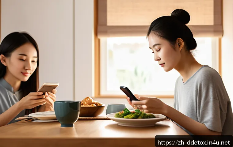 디지털디톡스와 행복 찾기 - A modern Chinese home dining room scene with a young adult female wearing casual clothes and modest ...
