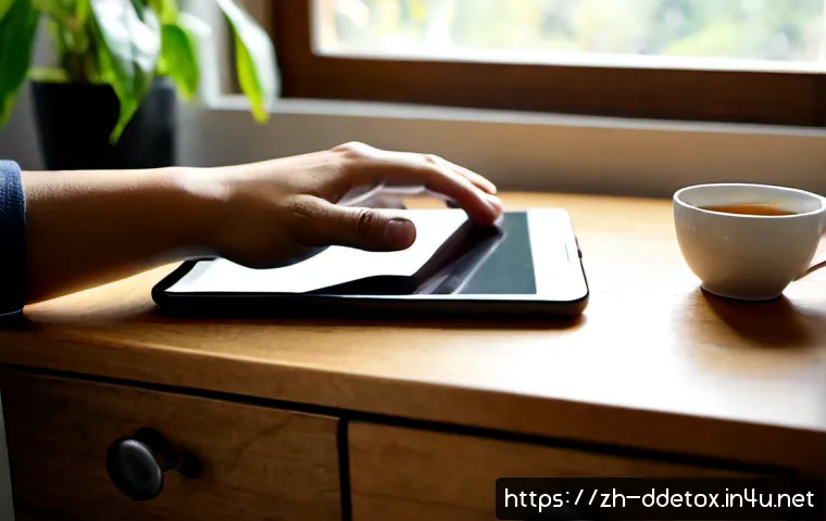 디지털디톡스와 휴식의 중요성 - Photorealistic serene digital detox scene, a smartphone placed face-down in a wooden drawer beside a...