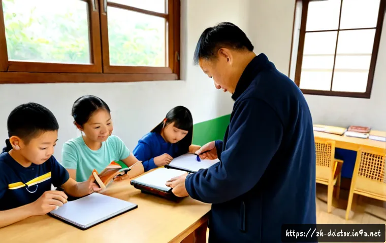 디지털디톡스와 스마트폰 교육 - Photorealistic digital detox education workshop, a caring middle-aged instructor placing several sma...