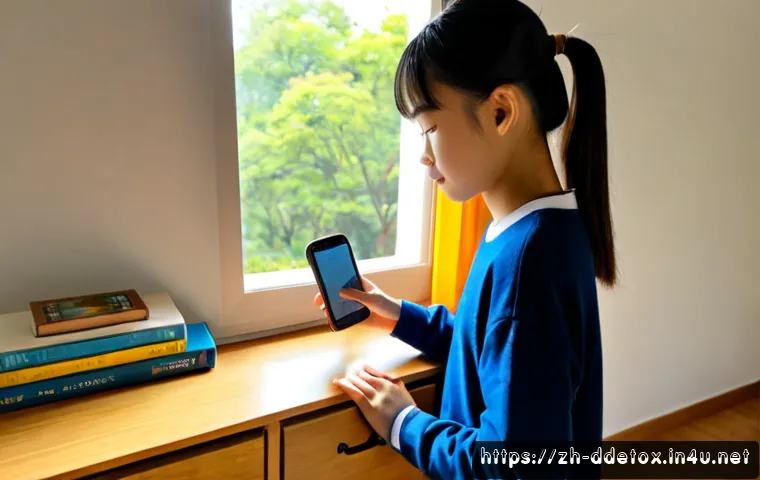 디지털디톡스와 청소년 디지털 중독 - Photorealistic teenage student placing a smartphone into a wooden drawer, then looking toward an ope...